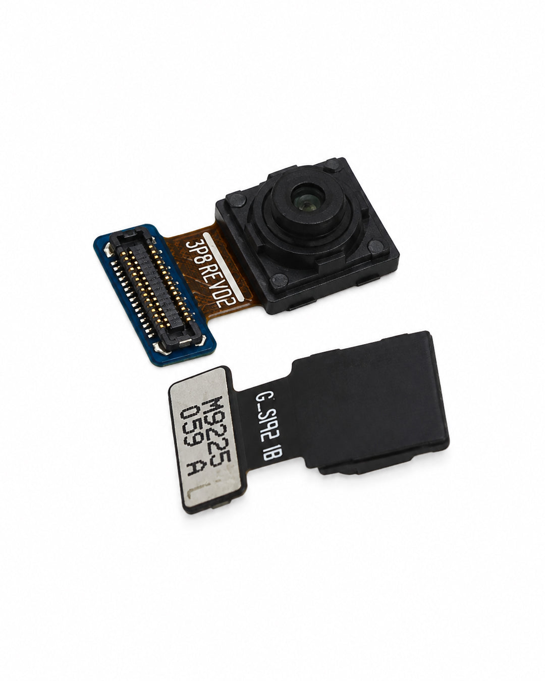 A replacement smartphone camera flash module shown in two separated pieces on a plain white background. The top piece features a black square camera lens module, and the bottom piece shows a black rectangular housing connected by a flexible circuit board to a blue connector plug.