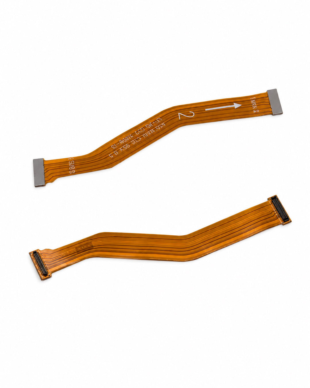 Two flexible flat cable (FFC) connectors with orange-brown traces and gray metal terminal pads, shown on a plain white background.