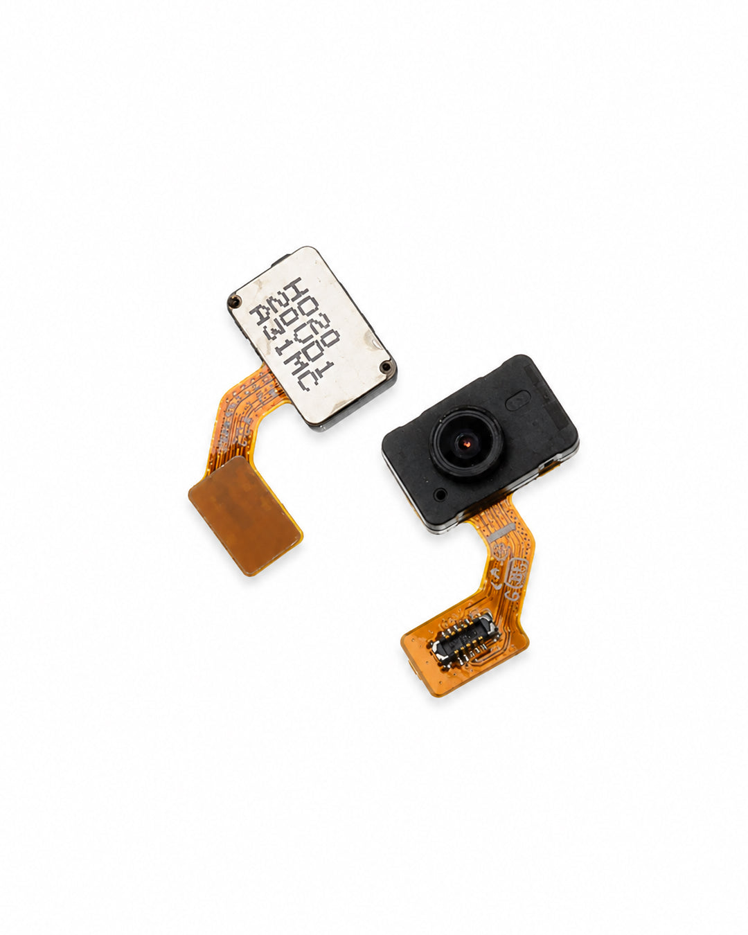 A replacement smartphone camera flash module showing both sides: one side with a white printed metal plate and the other side with a black camera lens and orange flex cable, on a white background.