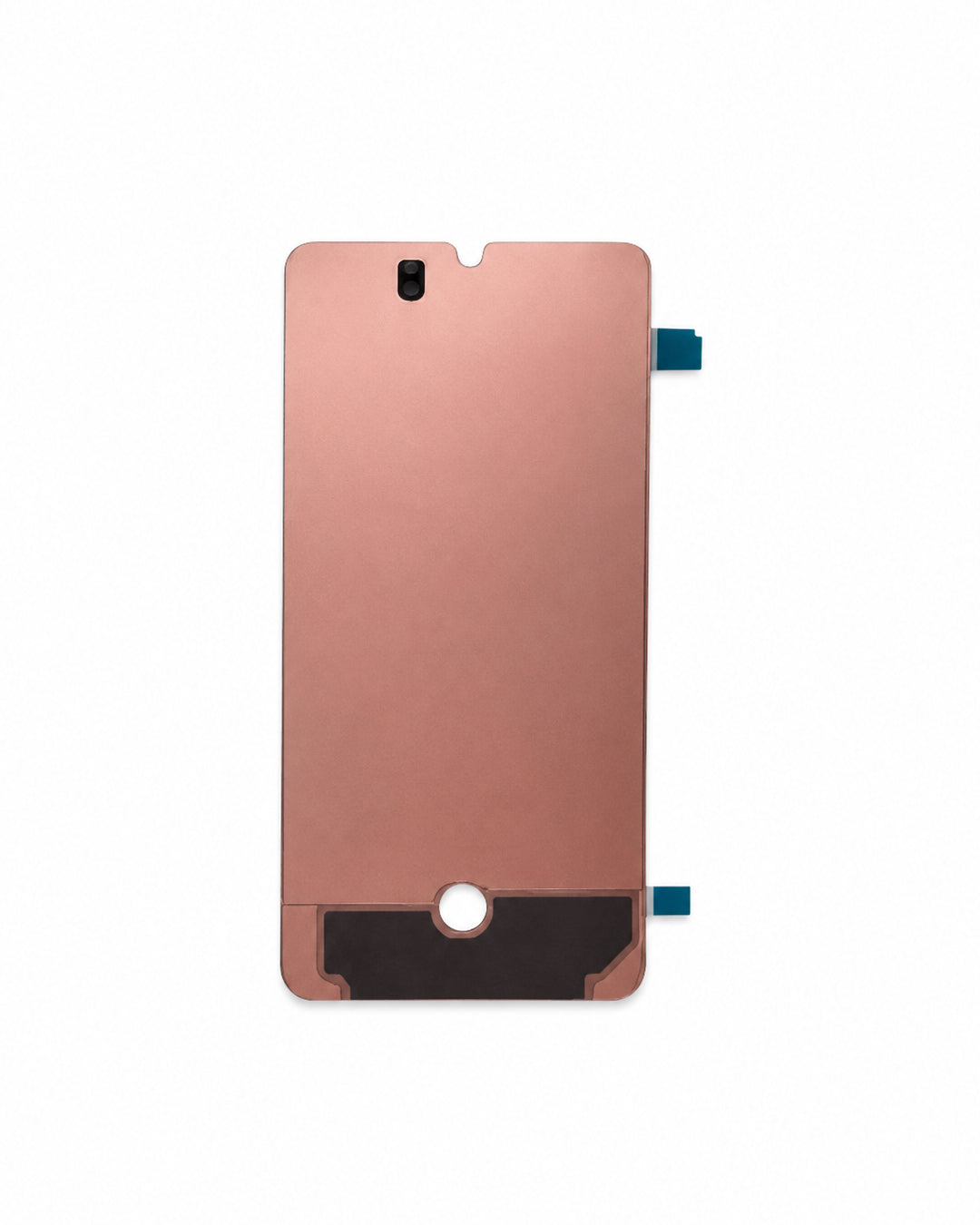 A replacement smartphone front glass display panel with a metallic rose gold finish, featuring a camera cutout at the top and a circular cutout at the bottom, shown on a plain white background.
