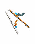 A replacement smartphone flex cable assembly with an orange ribbon cable, gold-plated contacts, a teal L-shaped tab, a blue protective cover, and a silver metal bracket printed with 'SAMSUNG'.