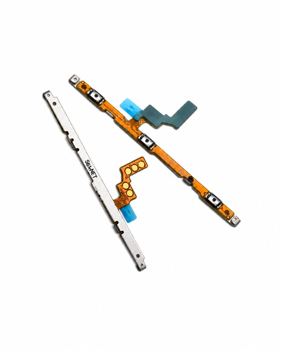 A replacement smartphone flex cable assembly with an orange ribbon cable, gold-plated contacts, a teal L-shaped tab, a blue protective cover, and a silver metal bracket printed with 'SAMSUNG'.