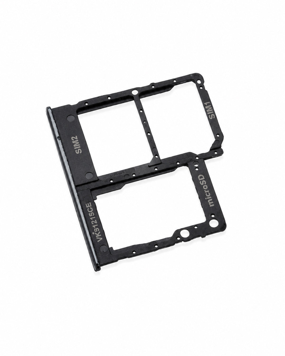 A black dual SIM card tray adapter for smartphones, featuring white printed text indicating '2NB' and 'SIM8' on a clean white background.