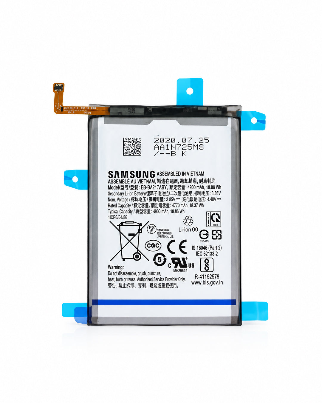 A Samsung replacement battery with a white printed label, secured by blue plastic clips on a white background.