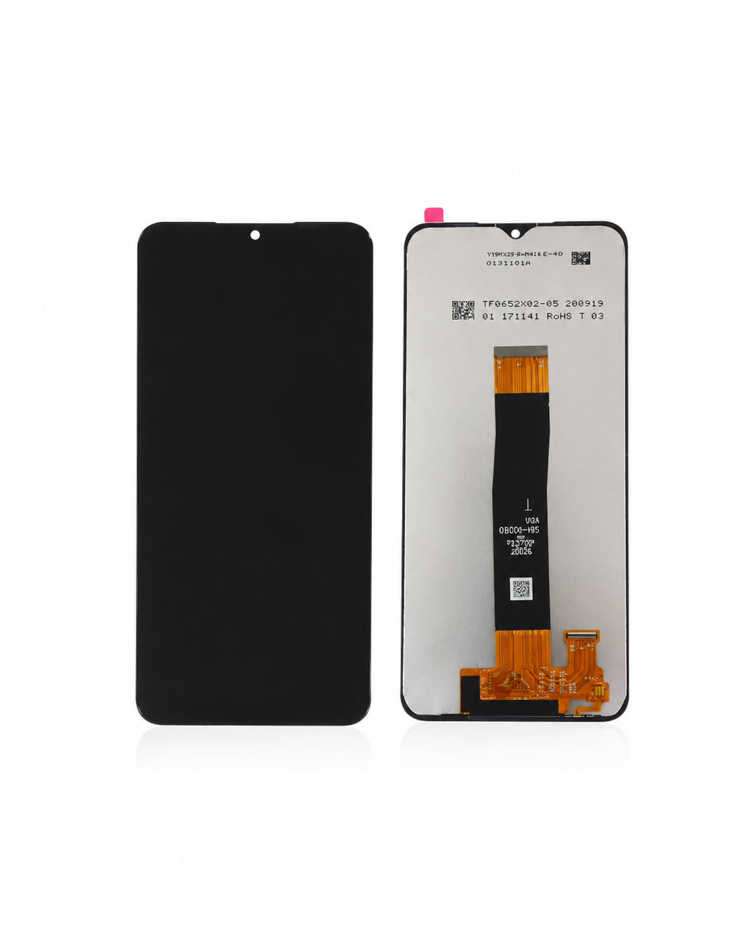 A replacement smartphone display panel shown from both front and back. The front view shows a black, glossy screen with a small cutout at the top.
