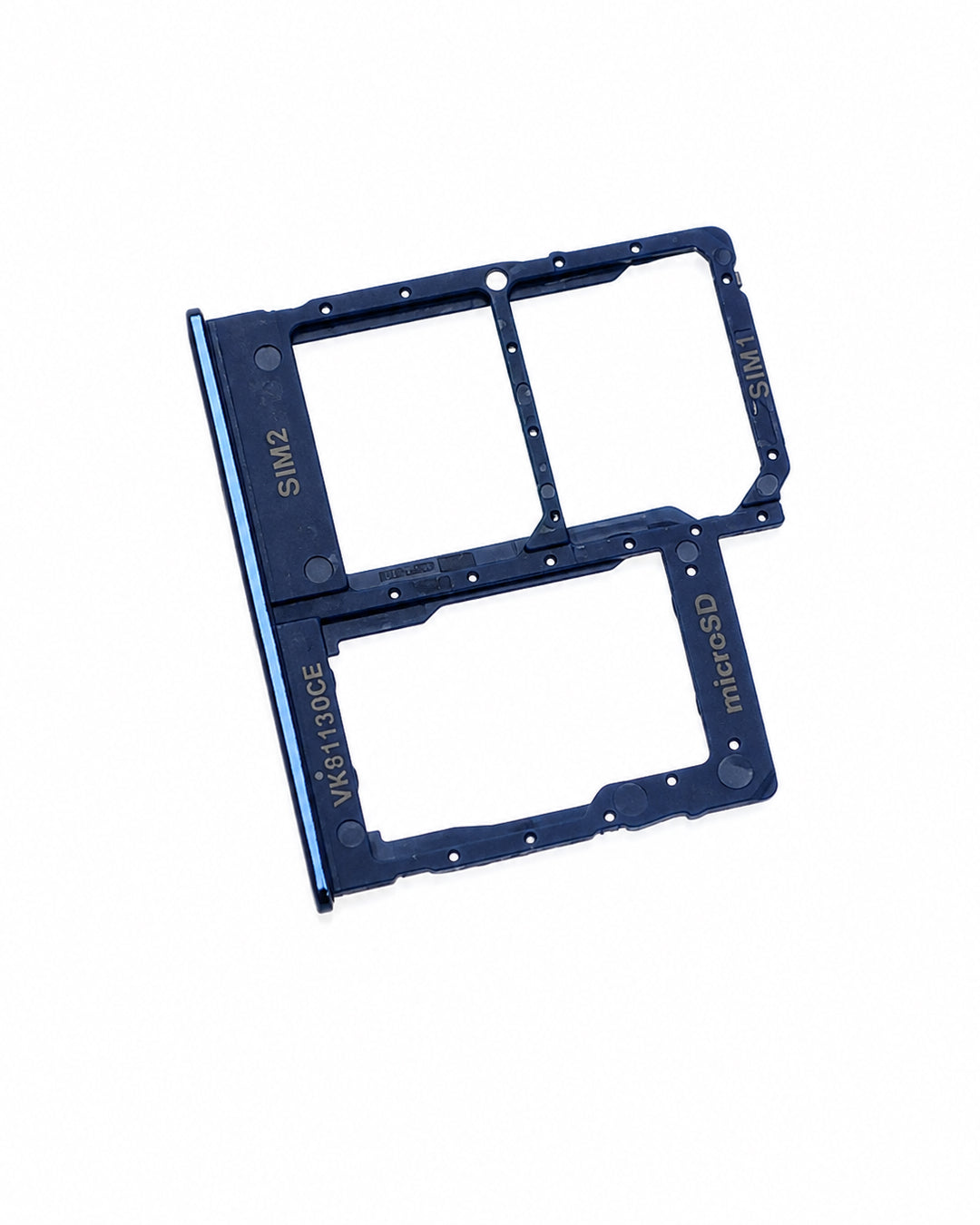 A dark blue dual SIM card tray insert for a smartphone, featuring gold-colored printed labels for SIM1, SIM2, and microSD, shown on a plain white background.