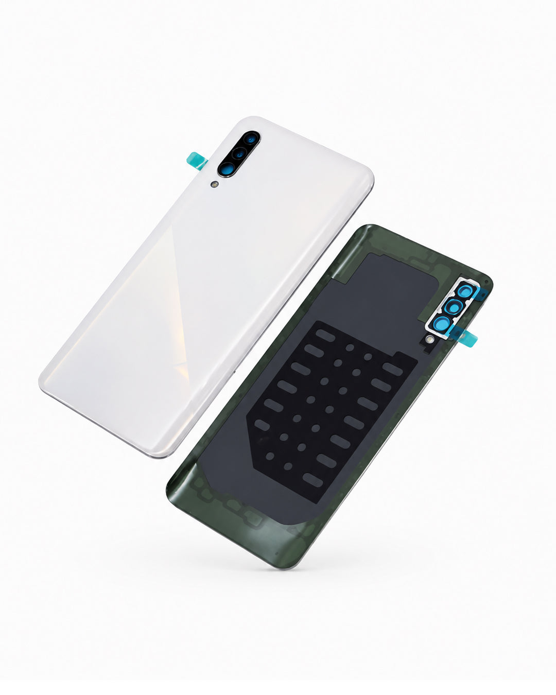 A replacement smartphone back panel kit shown in two pieces: a glossy white back plate and a dark green frame with a black camera cutout and protective film, on a clean white background.