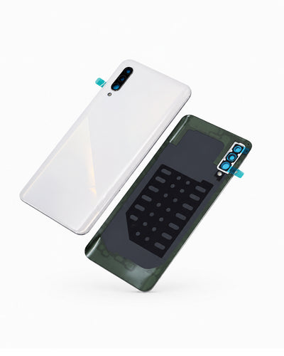 A replacement smartphone back panel kit shown in two pieces: a glossy white back plate and a dark green frame with a black camera cutout and protective film, on a clean white background.