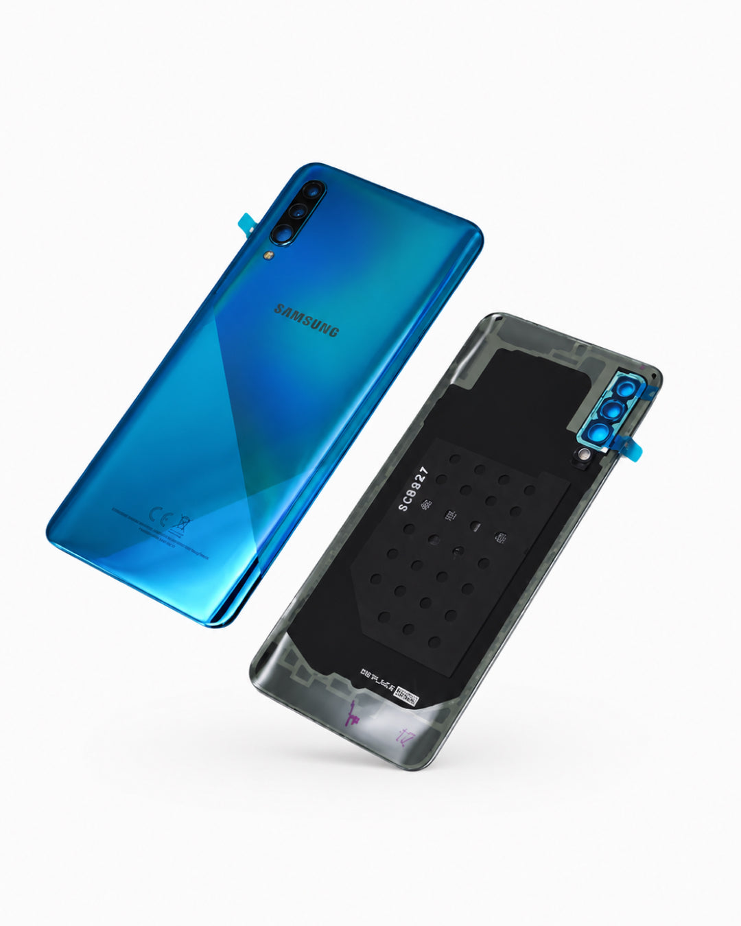 A Samsung Galaxy phone shown from the back in a vibrant blue gradient finish, alongside a black protective back cover with blue camera accents, on a clean white background.