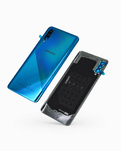 A Samsung Galaxy phone shown from the back in a vibrant blue gradient finish, alongside a black protective back cover with blue camera accents, on a clean white background.