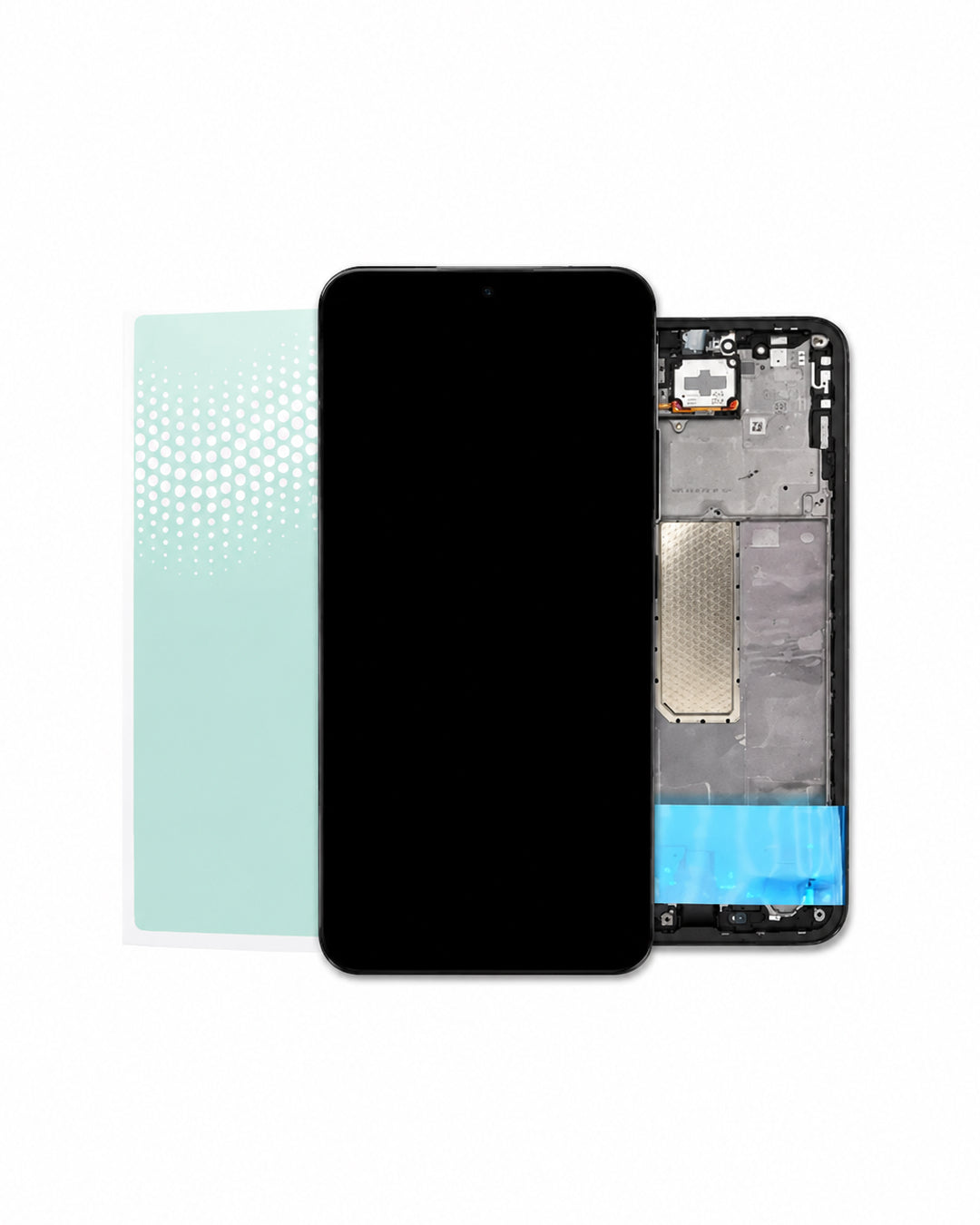 A replacement smartphone front glass screen and LCD assembly shown disassembled, with the black front panel in the center, the internal frame and circuitry visible on the right, and a light blue protective film on the left, all on a white background.
