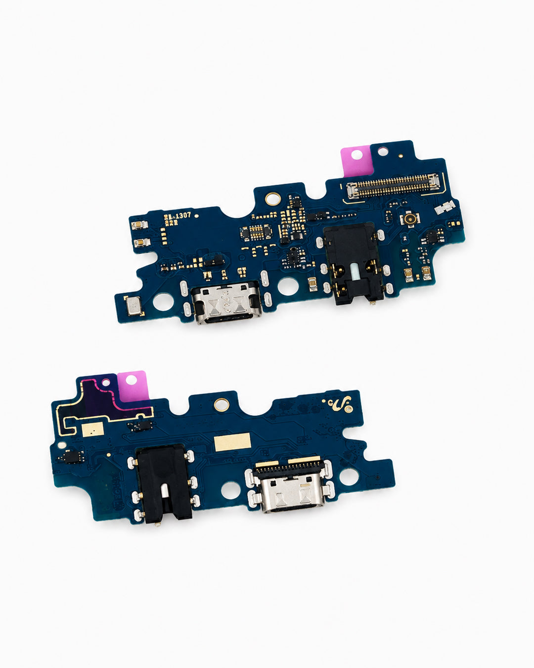 Two replacement phone charging port flex circuits with USB-C and USB-A connectors on a clean white background.