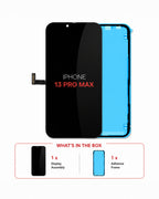 An iPhone 13 Pro Max replacement display assembly and adhesive frame kit, shown on a white background with a box contents summary below.