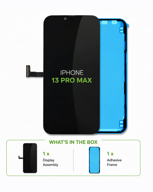 A replacement display panel and adhesive frame for an iPhone 13 Pro Max, shown on a white background with a lower inset detailing the included components.