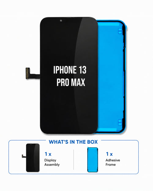 A replacement display panel and adhesive frame for an iPhone 13 Pro Max, shown on a white background with a 'What's in the box' summary at the bottom.