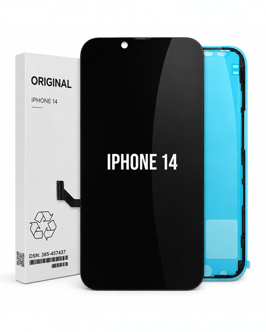 A replacement iPhone 14 screen assembly shown with its white retail box. The screen panel is black on the front with white 'IPHONE 14' text, and a bright blue protective film is visible on the back side.