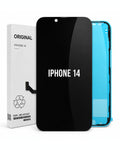 A replacement iPhone 14 screen assembly shown with its white retail box. The screen panel is black on the front with white 'IPHONE 14' text, and a bright blue protective film is visible on the back side.