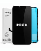 A replacement iPhone 14 screen assembly shown with its white retail box. The screen panel is black on the front with white 'IPHONE 14' text, and a bright blue protective film is visible on the back side.