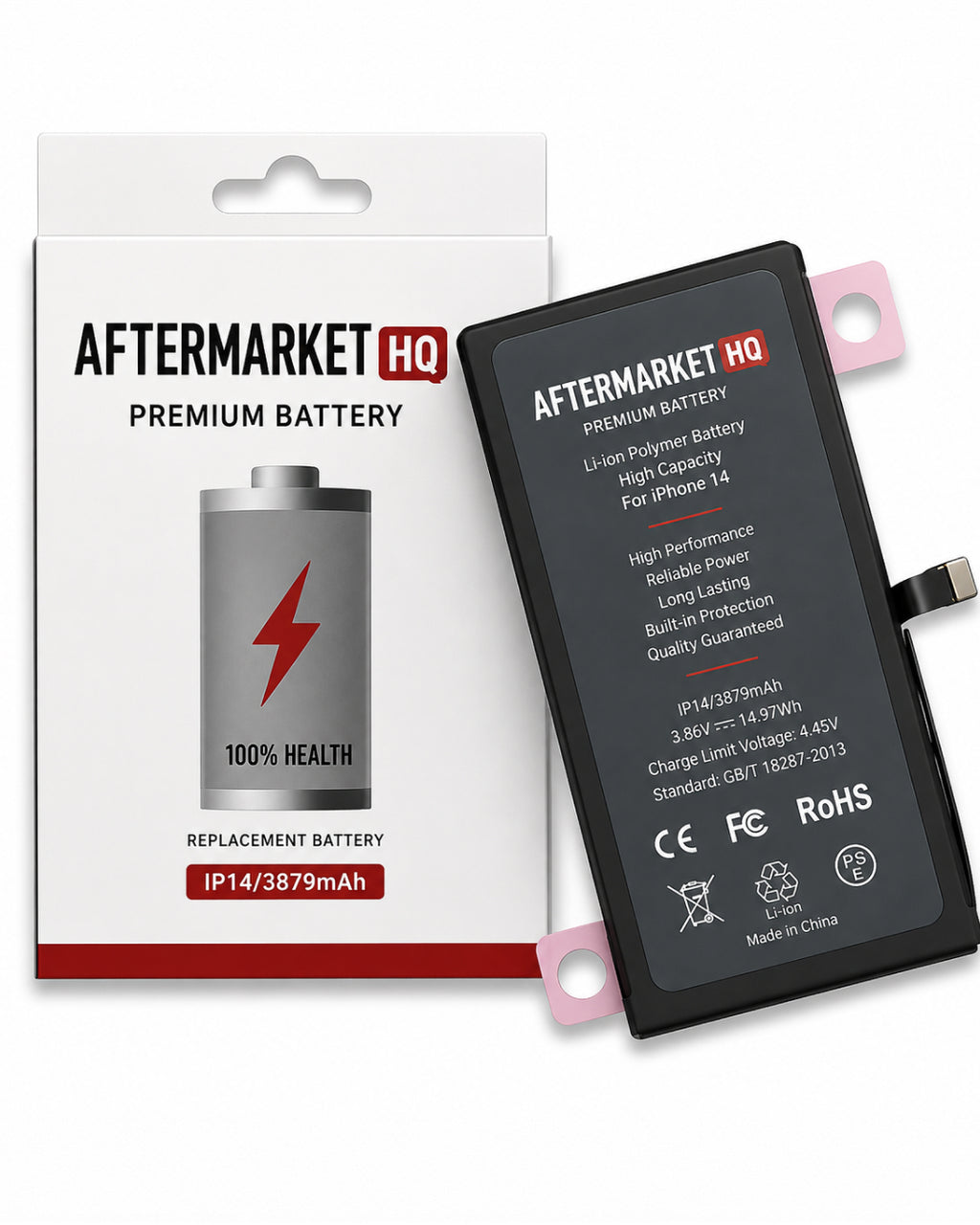 Aftermarket HQ replacement battery shown next to its retail packaging box. The battery is black with a pink metal terminal and white printed text, while the box is white with black and red branding.