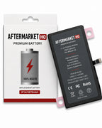 Aftermarket HQ replacement battery shown next to its retail packaging box. The battery is black with a pink metal terminal and white printed text, while the box is white with black and red branding.
