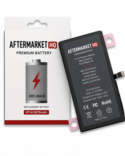 Aftermarket HQ replacement battery shown next to its retail packaging box. The battery is black with a pink metal terminal and white printed text, while the box is white with black and red branding.