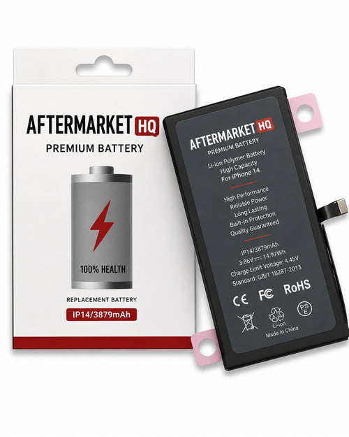 Aftermarket HQ replacement battery shown next to its retail packaging box. The battery is black with a pink metal terminal and white printed text, while the box is white with black and red branding.