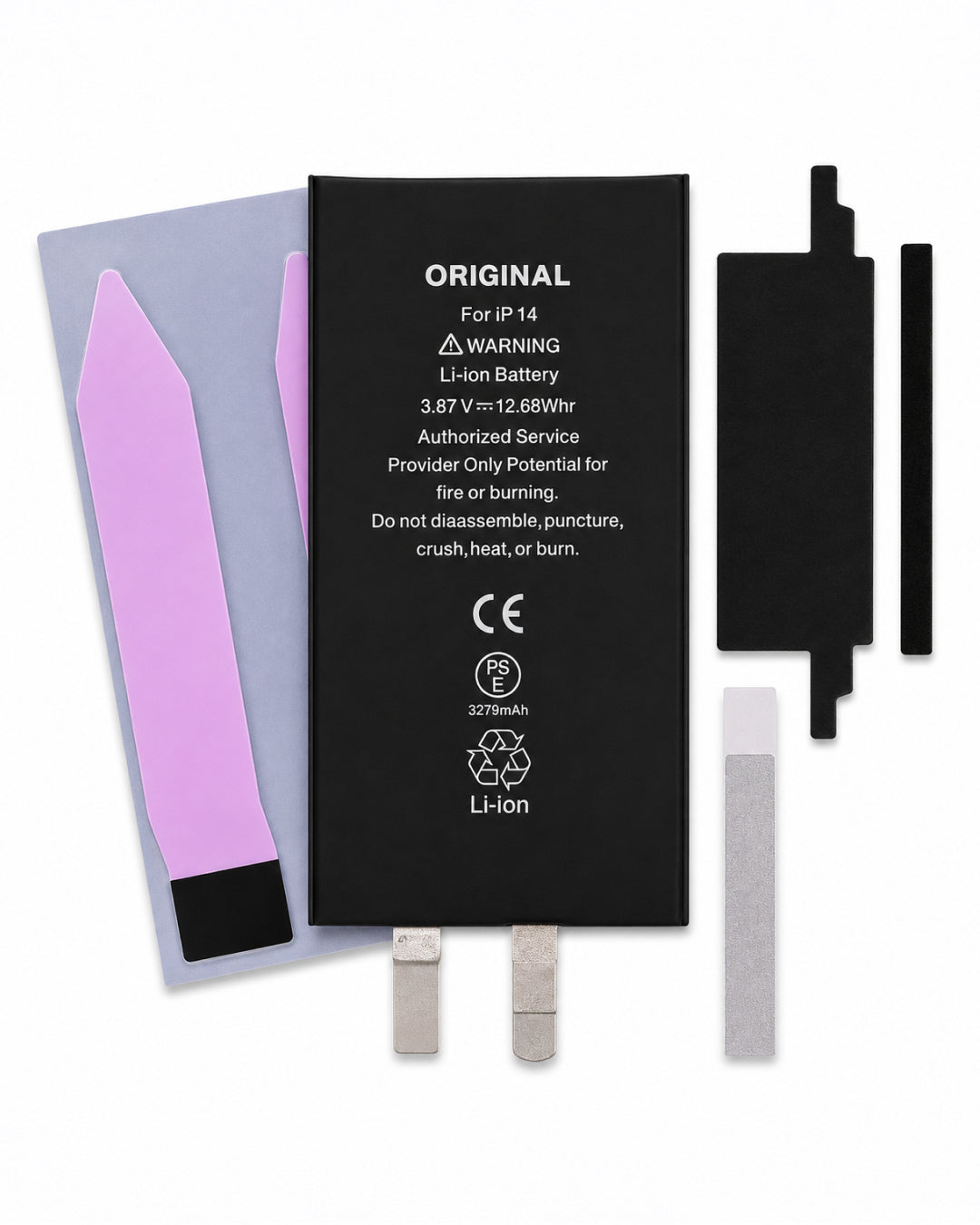 An original replacement Li-ion battery for an iPhone 14, shown with its installation accessories including a purple plastic tool, two black adhesive pads, and two silver metal contacts on a white background.