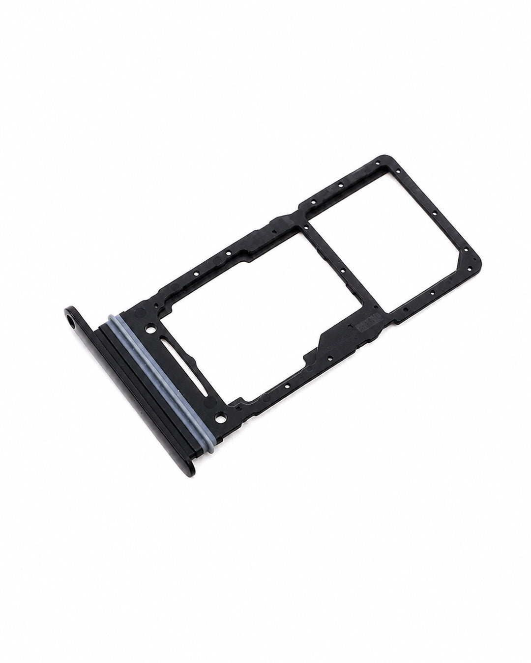 A black plastic dual SIM tray adapter for mobile phones, featuring a gray and black rubber gasket, shown on a plain white background.