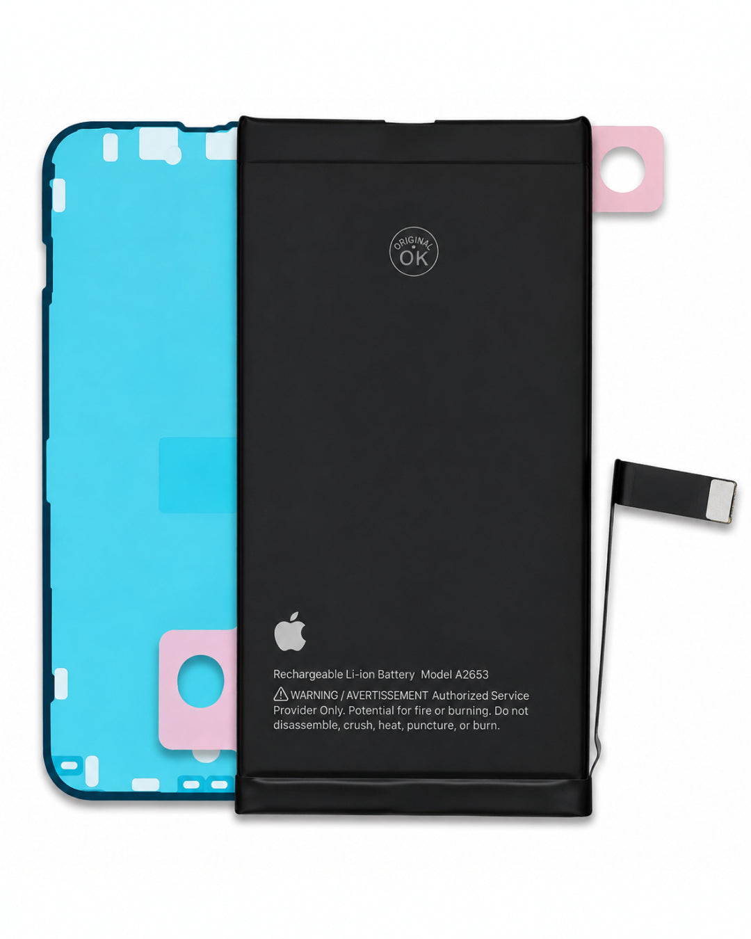 A replacement rechargeable Li-ion battery for an Apple iPhone, shown with its black outer casing and a pink protective film peeled back to reveal the blue and pink internal components. The Apple logo and model number MNS53 are visible on the battery.