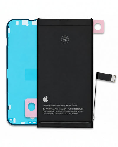 A replacement rechargeable Li-ion battery for an Apple iPhone, shown with its black outer casing and a pink protective film peeled back to reveal the blue and pink internal components. The Apple logo and model number MNS53 are visible on the battery.