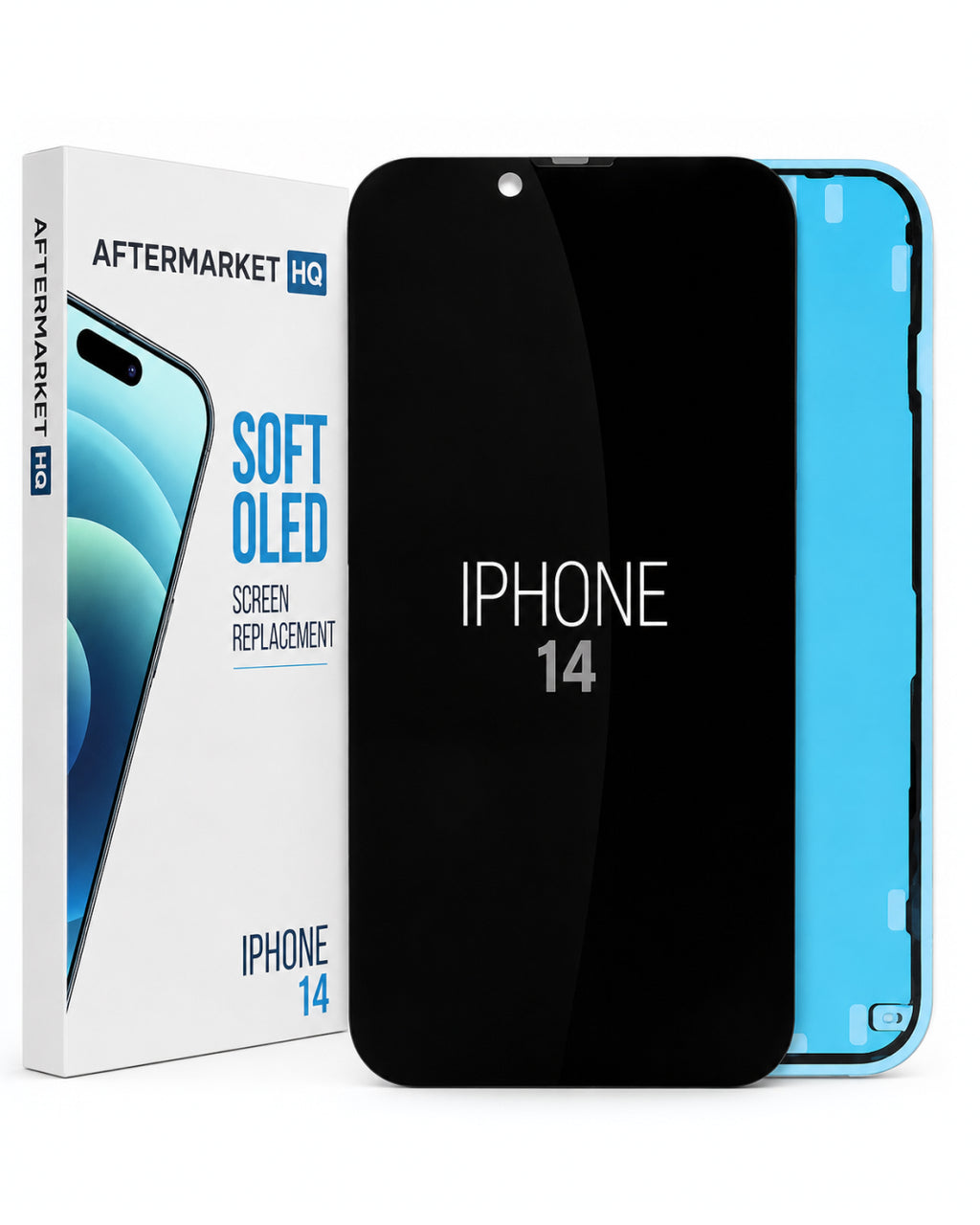 A replacement screen for an iPhone 14 by Aftermarket HQ, shown with its retail box. The screen itself is black with white text, and a blue backing sheet is visible behind it.
