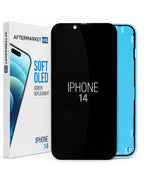 A replacement screen for an iPhone 14 by Aftermarket HQ, shown with its retail box. The screen itself is black with white text, and a blue backing sheet is visible behind it.