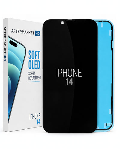 A replacement screen for an iPhone 14 by Aftermarket HQ, shown with its retail box. The screen itself is black with white text, and a blue backing sheet is visible behind it.