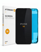 Aftermarket HQ iPhone 14 replacement screen display assembly with black front panel, blue backing, and white retail packaging.