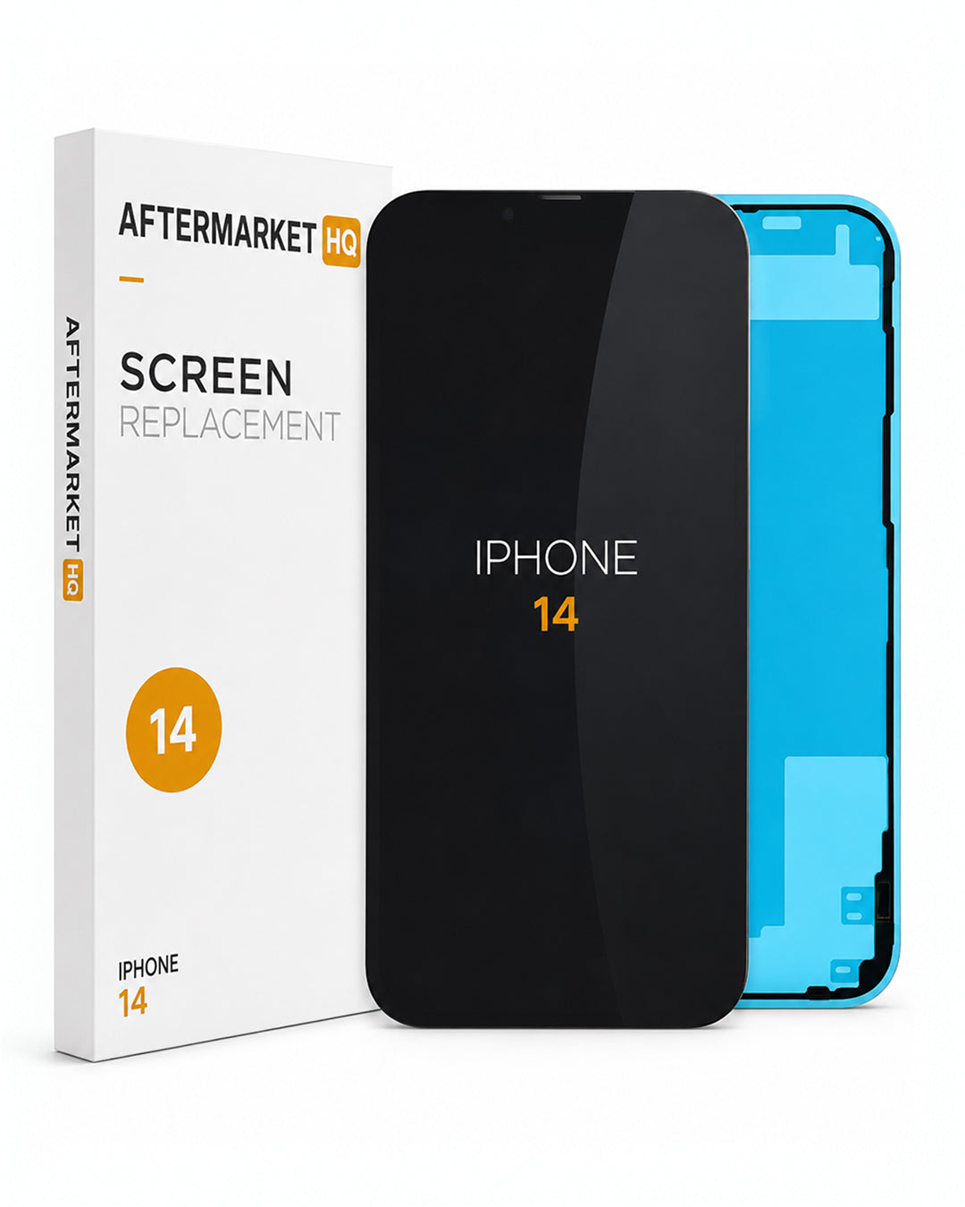 Aftermarket HQ iPhone 14 replacement screen display assembly with black front panel, blue backing, and white retail packaging.