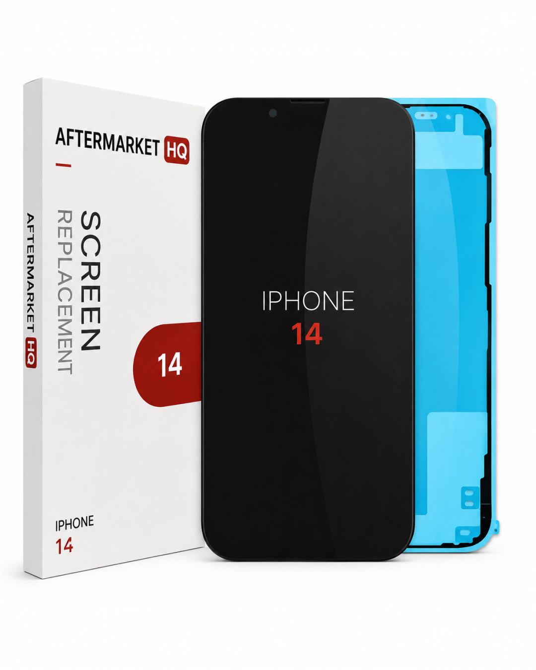 A replacement screen panel for an iPhone 14, shown with its white retail box labeled 'AFTERMARKET HQ SCREEN REPLACEMENT IPHONE 14' and a blue protective film peeling back from the black glass panel.