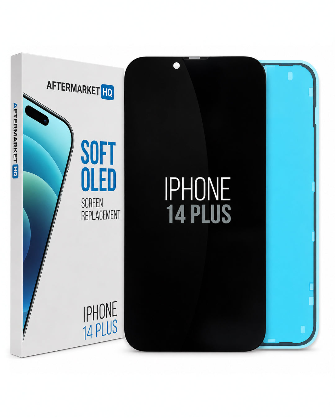 Aftermarket iPhone 14 Plus screen replacement kit showing the retail box, a black replacement screen, and a bright blue phone frame on a white background.