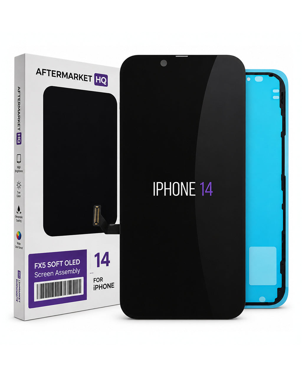 Aftermarket iPhone 14 FX5 Soft OLED screen assembly shown with its retail box. The screen assembly is black with purple 'IPHONE 14' text, and a blue inner frame is visible behind it on a white background.