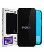 Aftermarket iPhone 14 FX5 Soft OLED screen assembly shown with its retail box. The screen assembly is black with purple 'IPHONE 14' text, and a blue inner frame is visible behind it on a white background.