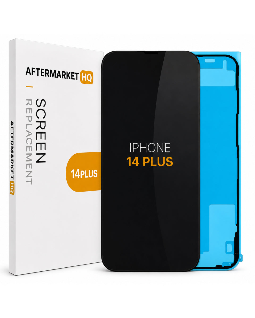 Aftermarket HQ replacement screen for iPhone 14 Plus, showing the black replacement glass panel, the blue protective liner, and the white retail packaging box.