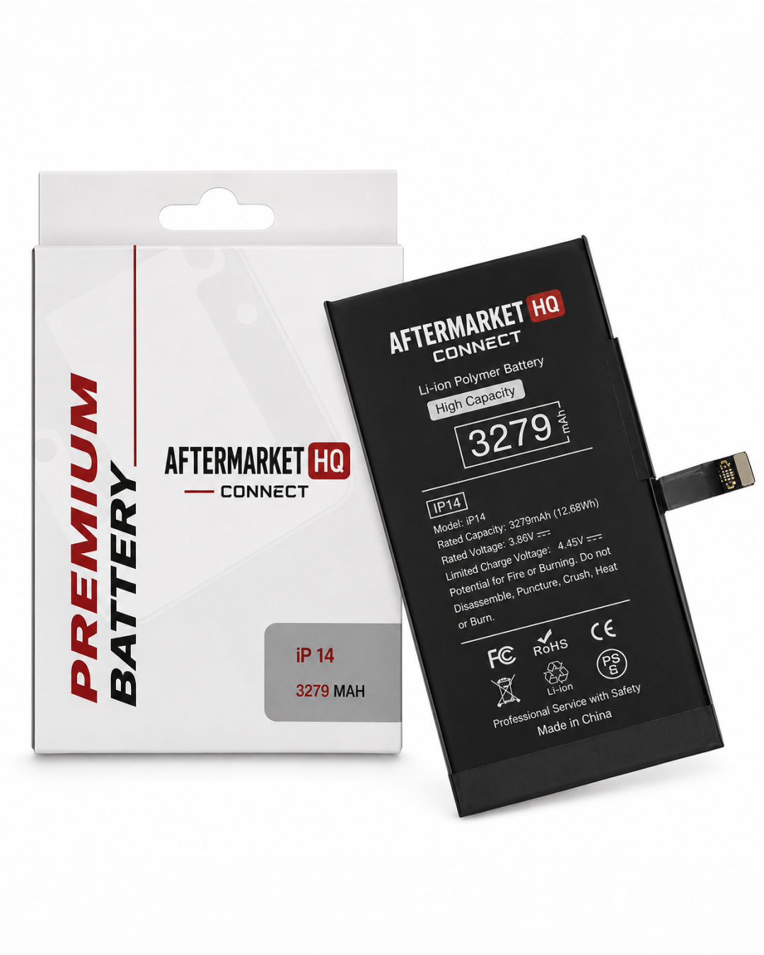 Aftermarket HQ Connect IP14 replacement lithium-ion battery shown next to its original retail packaging box. The battery is black with white text and a small gold connector tab, and the box is white with red and black branding.
