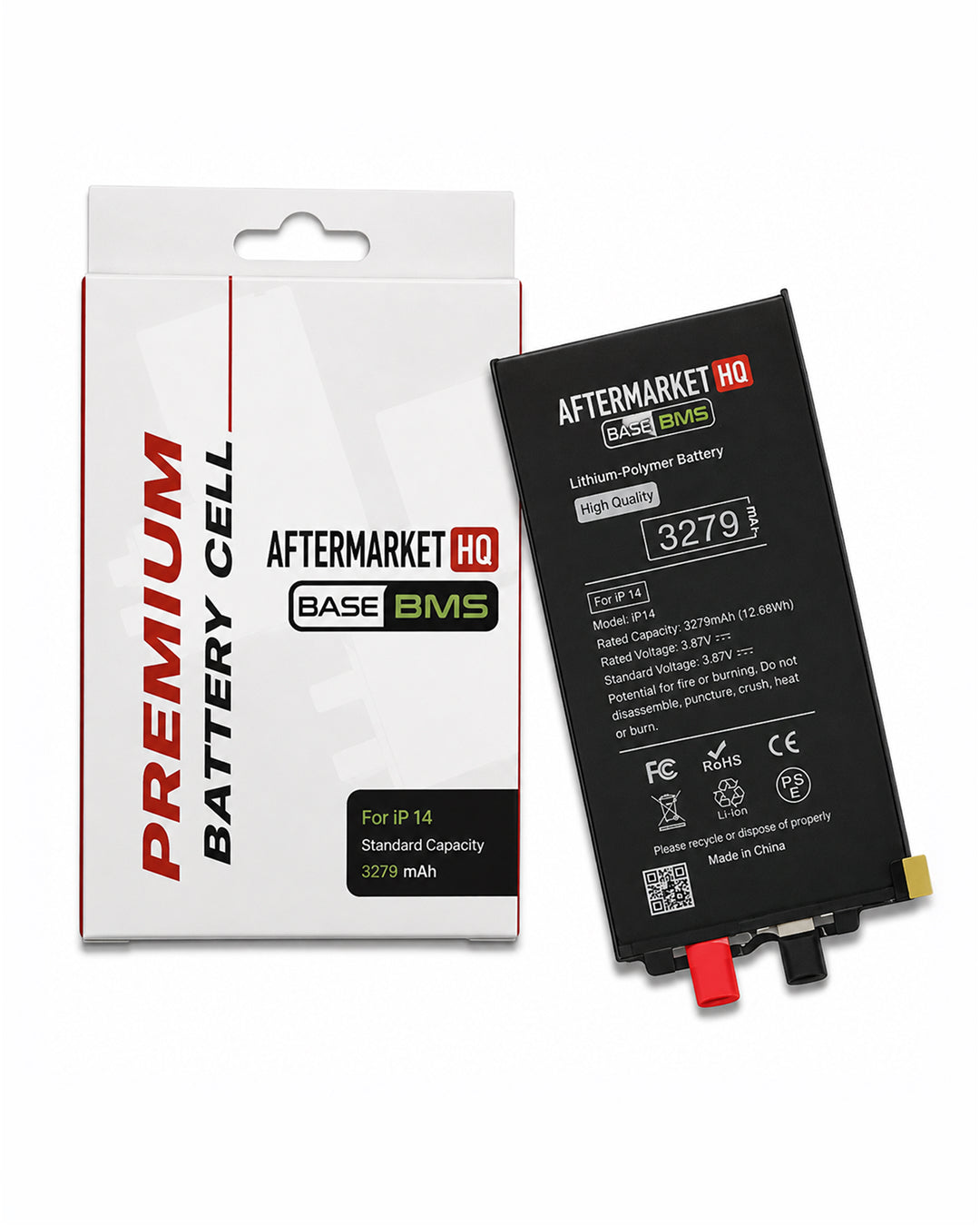 Aftermarket HQ replacement battery and its retail packaging box, shown on a clean white background.