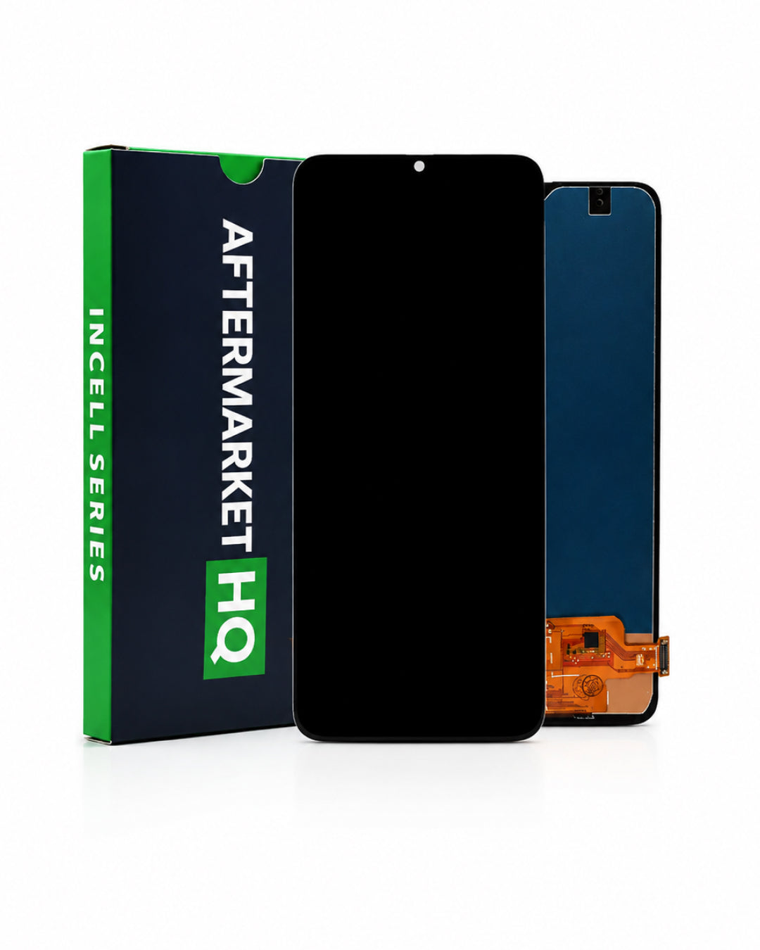 A replacement smartphone LCD screen and digitizer assembly shown next to its packaging box. The front of the screen is black, and the back reveals a blue panel with an orange flex cable connector.