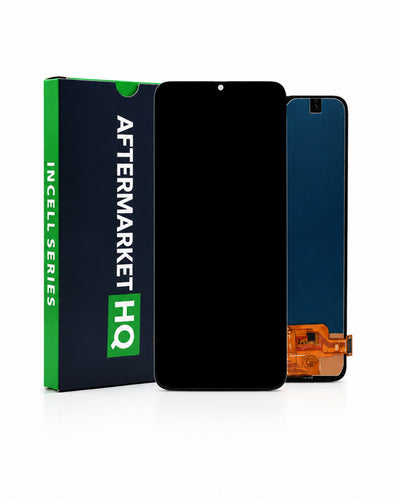A replacement smartphone LCD screen and digitizer assembly shown next to its packaging box. The front of the screen is black, and the back reveals a blue panel with an orange flex cable connector.