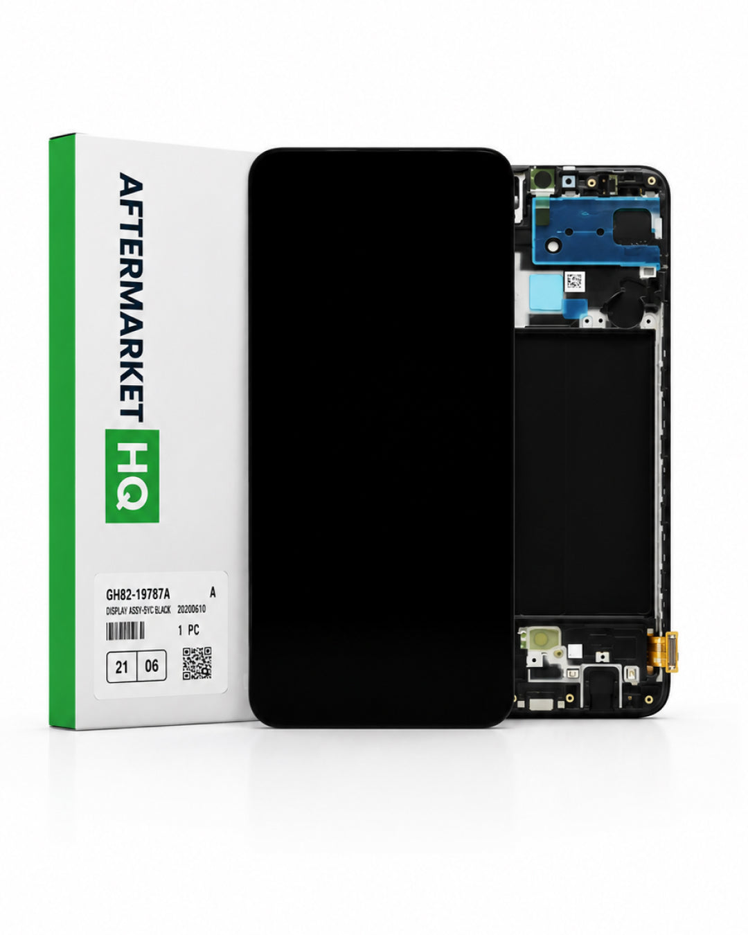 A replacement phone LCD screen and frame assembly shown next to its white and green Aftermarket HQ packaging box on a clean white background.