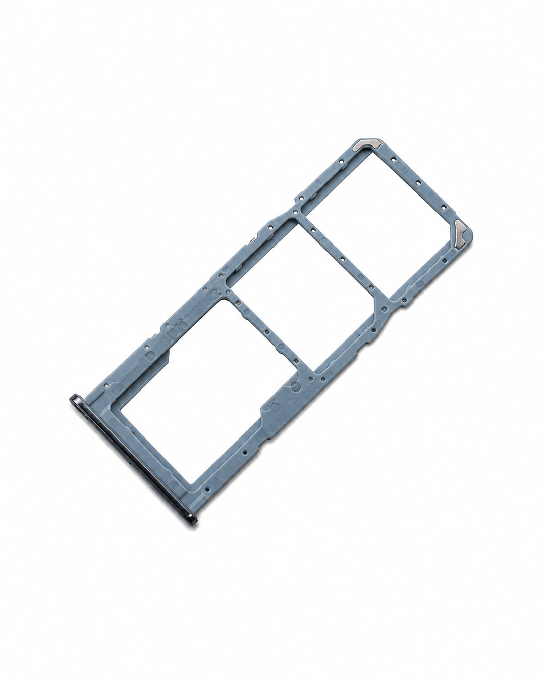 A dual SIM tray adapter for mobile phones, made of gray plastic with a black connector at one end, shown on a plain white background.