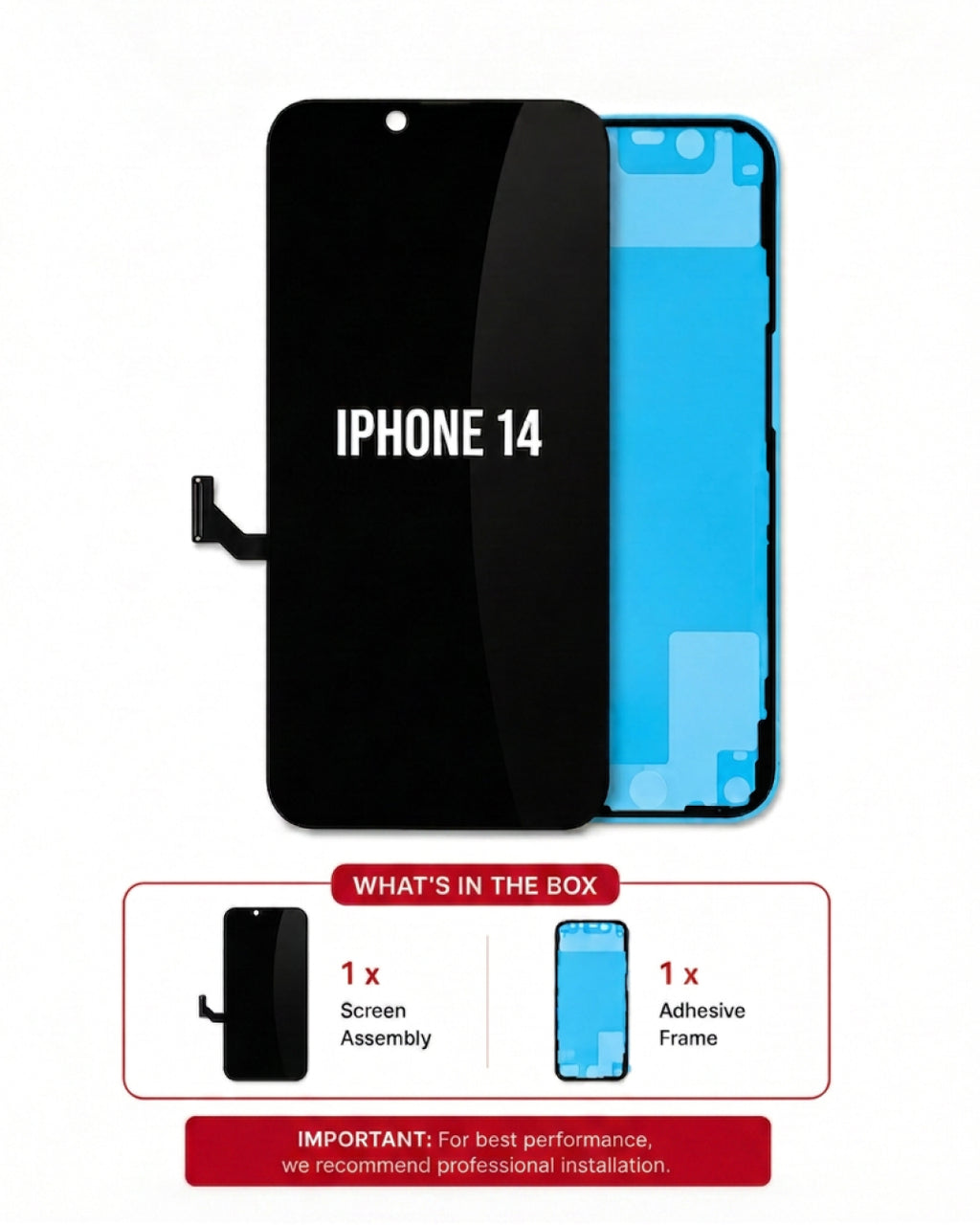 A replacement LCD screen and adhesive frame set for an iPhone 14, shown on a white background with a 'What's in the box' summary at the bottom.