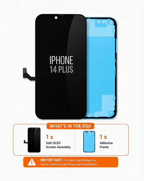 A replacement iPhone 14 Plus LCD screen display assembly with a black front panel and a blue adhesive frame, shown on a white background with an 'What's in the box' summary below.