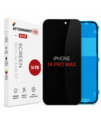 Aftermarket HQ iPhone 14 Pro Max screen replacement case shown with its white retail box, a black front view, and a blue back view on a white background.