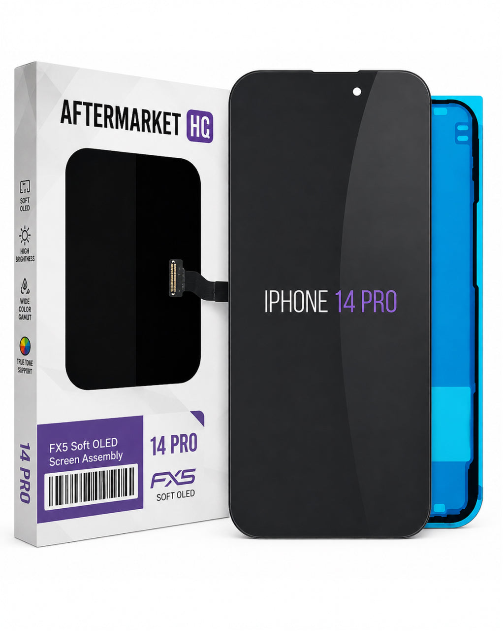 Aftermarket replacement screen assembly for an iPhone 14 Pro, showing the black front glass panel with purple text, a blue backing, and the white retail box labeled FXS Aftermarket HG.